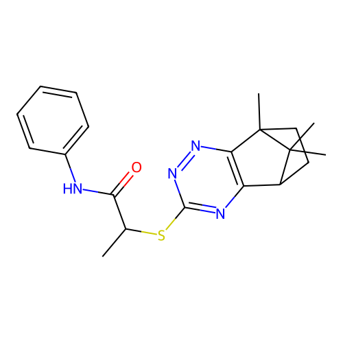 N-phenyl-2-[(8,9,9-trimethyl-5,6,7,8-tetrahydro-5,8-methano-1,2,4-benzotriazin-3-yl)sulfanyl]propanamide structure