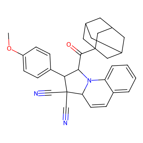 1-((3r,5r,7r)-adamantane-1-carbonyl)-2-(4-methoxyphenyl)-1,2-dihydropyrrolo[1,2-a]quinoline-3,3(3aH)-dicarbonitrile structure