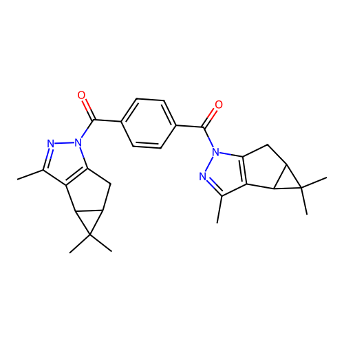 1,4-phenylenebis((3,4,4-trimethyl-3b,4,4a,5-tetrahydro-1H-cyclopropa[3,4]cyclopenta[1,2-c]pyrazol-1-yl)methanone) structure