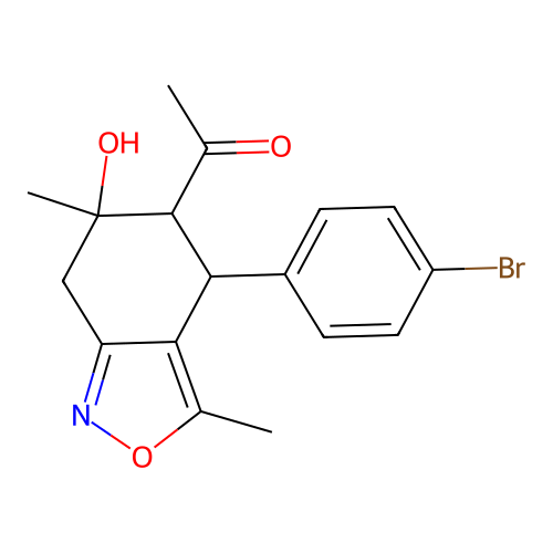 1-[4-(4-bromophenyl)-6-hydroxy-3,6-dimethyl-4,5,6,7-tetrahydro-2,1-benzoxazol-5-yl]ethanone structure