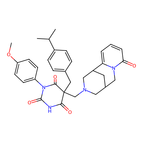 1-(4-methoxyphenyl)-5-[(8-oxo-1,5,6,8-tetrahydro-2H-1,5-methanopyrido[1,2-a][1,5]diazocin-3(4H)-yl)methyl]-5-[4-(propan-2-yl)benzyl]pyrimidine-2,4,6(1H,3H,5H)-trione structure