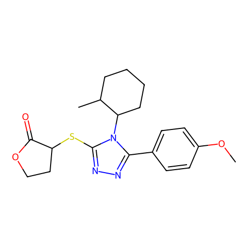 3-[[5-(4-methoxyphenyl)-4-(2-methylcyclohexyl)-1,2,4-triazol-3-yl]sulfanyl]oxolan-2-one structure