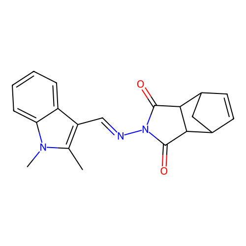 (E)-2-(((1,2-dimethyl-1H-indol-3-yl)methylene)amino)-3a,4,7,7a-tetrahydro-1H-4,7-methanoisoindole-1,3(2H)-dione structure