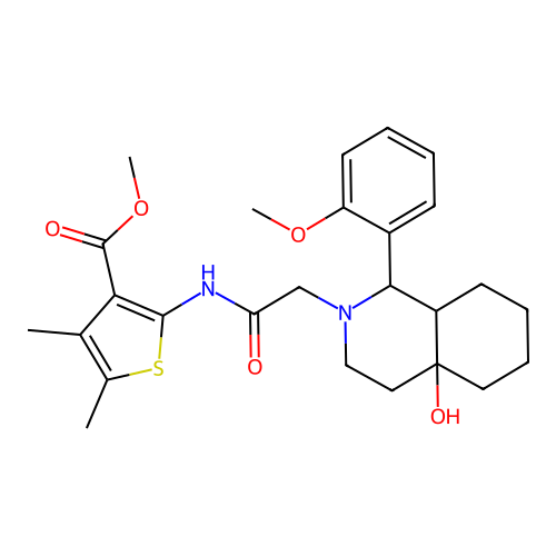 2-{2-[4a-Hydroxy-1-(2-methoxy-phenyl)-octahydro-isoquinolin-2-yl]-acetylamino}-4,5-dimethyl-thiophene-3-carboxylic acid methyl ester structure