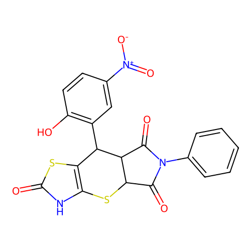 8-(2-hydroxy-5-nitrophenyl)-6-phenyl-7a,8-dihydropyrrolo[3',4':5,6]thiopyrano[2,3-d]thiazole-2,5,7(3H,4aH,6H)-trione structure