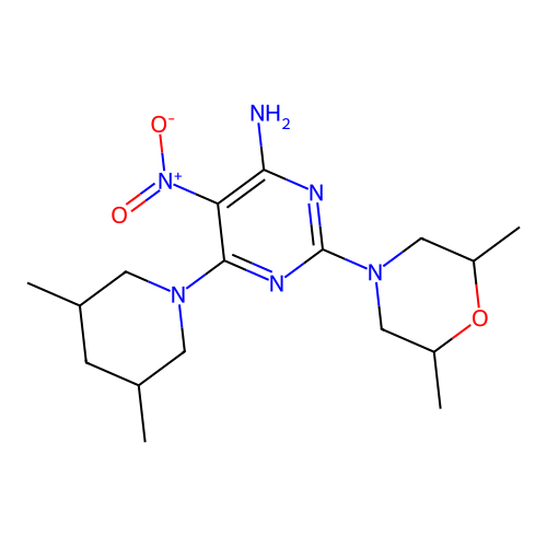 2-(2,6-dimethylmorpholin-4-yl)-6-(3,5-dimethylpiperidin-1-yl)-5-nitropyrimidin-4-amine structure