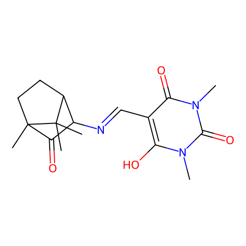 1,3-dimethyl-5-[[(4,7,7-trimethyl-3-oxo-2-bicyclo[2.2.1]heptanyl)amino]methylidene]-1,3-diazinane-2,4,6-trione structure