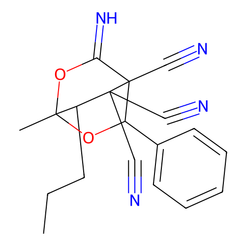 3-imino-1-methyl-5-phenyl-7-propyl-2,6-dioxabicyclo[2.2.2]octane-4,8,8-tricarbonitrile structure