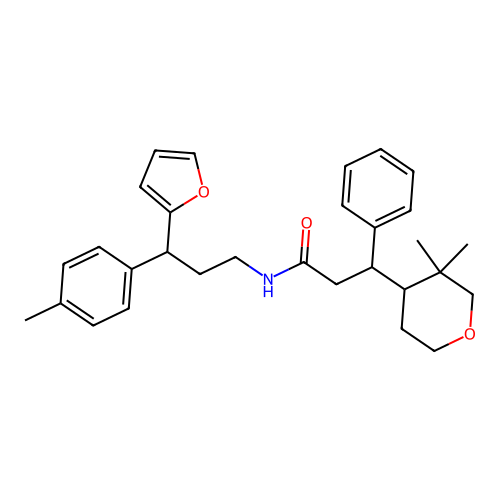 3-(3,3-dimethyloxan-4-yl)-N-[3-(2-furyl)-3-(4-methylphenyl)propyl]-3-phenyl-propanamide structure