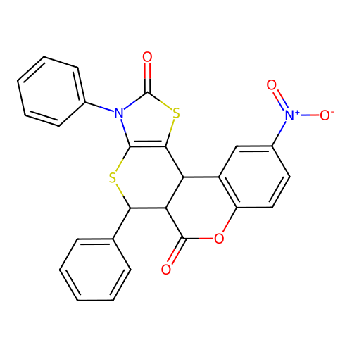 10-nitro-3,5-diphenyl-3,5,5a,11b-tetrahydro-2H,6H-chromeno[4',3':4,5]thiopyrano[2,3-d][1,3]thiazole-2,6-dione structure