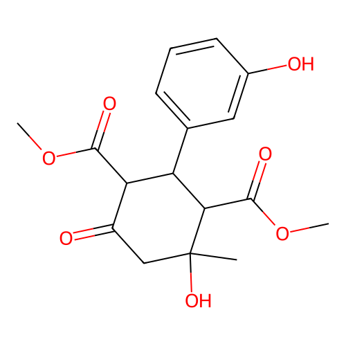 dimethyl 4-hydroxy-2-(3-hydroxyphenyl)-4-methyl-6-oxocyclohexane-1,3-dicarboxylate structure