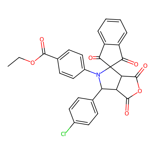 ethyl 4-(6-(4-chlorophenyl)-1,1',3,3'-tetraoxo-1',3,3a,3',6,6a-hexahydrospiro[furo[3,4-c]pyrrole-4,2'-inden]-5(1H)-yl)benzoate structure