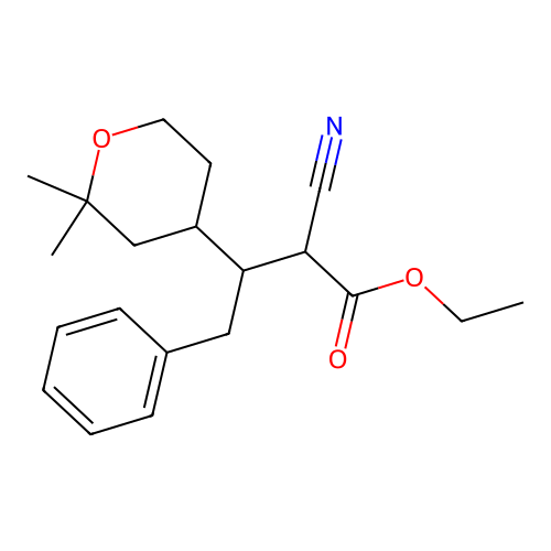 Ethyl 2-cyano-3-(2,2-dimethyloxan-4-yl)-4-phenylbutanoate structure