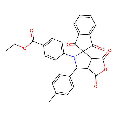 ethyl 4-(1,1',3,3'-tetraoxo-6-(p-tolyl)-1',3,3a,3',6,6a-hexahydrospiro[furo[3,4-c]pyrrole-4,2'-inden]-5(1H)-yl)benzoate structure