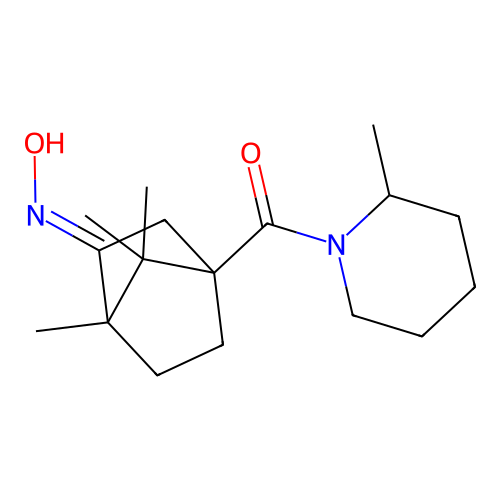 (E)-(3-(hydroxyimino)-4,7,7-trimethylbicyclo[2.2.1]heptan-1-yl)(2-methylpiperidin-1-yl)methanone structure