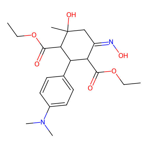 (Z)-diethyl 2-(4-(dimethylamino)phenyl)-4-hydroxy-6-(hydroxyimino)-4-methylcyclohexane-1,3-dicarboxylate structure
