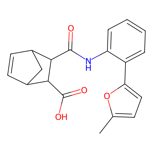 2-[[2-(5-methylfuran-2-yl)phenyl]carbamoyl]bicyclo[2.2.1]hept-5-ene-3-carboxylic acid structure