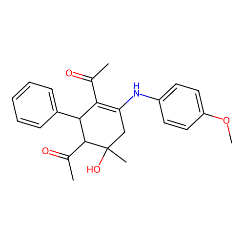 1,1'-{6-hydroxy-4-[(4-methoxyphenyl)amino]-6-methyl-2-phenylcyclohex-3-ene-1,3-diyl}diethanone structure