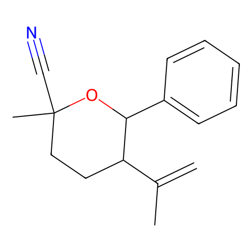 2-methyl-6-phenyl-5-(prop-1-en-2-yl)tetrahydro-2H-pyran-2-carbonitrile structure