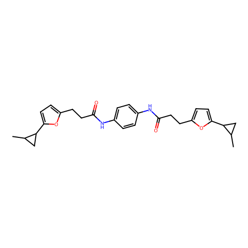 N,N'-(1,4-phenylene)bis(3-(5-(2-methylcyclopropyl)furan-2-yl)propanamide) structure
