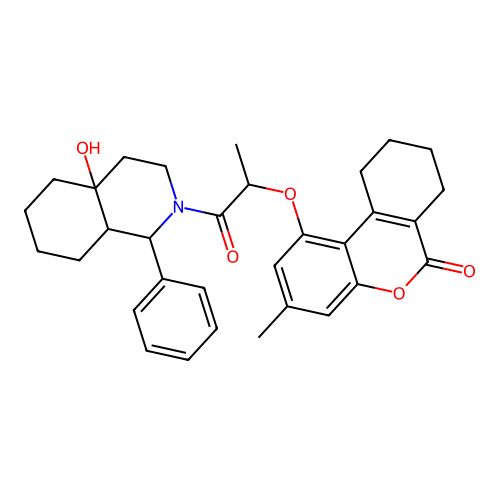1-[1-(4a-hydroxy-1-phenyl-1,3,4,5,6,7,8,8a-octahydroisoquinolin-2-yl)-1-oxopropan-2-yl]oxy-3-methyl-7,8,9,10-tetrahydrobenzo[c]chromen-6-one structure