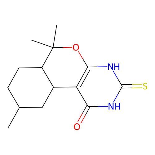 6,6,9-trimethyl-3-thioxo-2,3,4,6,6a,7,8,9,10,10a-decahydro-1H-isochromeno[3,4-d]pyrimidin-1-one structure