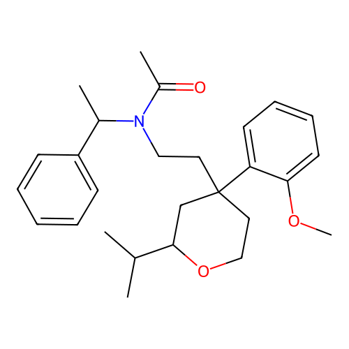 N-[2-[4-(2-methoxyphenyl)-2-propan-2-yloxan-4-yl]ethyl]-N-(1-phenylethyl)acetamide structure