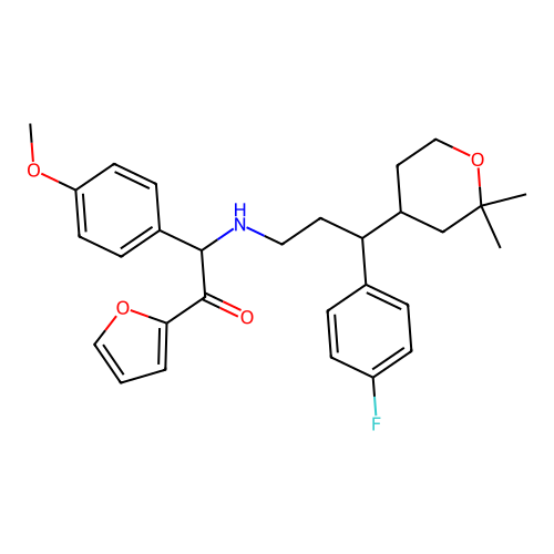 2-((3-(2,2-dimethyltetrahydro-2H-pyran-4-yl)-3-(4-fluorophenyl)propyl)amino)-1-(furan-2-yl)-2-(4-methoxyphenyl)ethanone structure