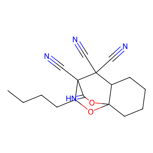 2-butyl-10-iminohexahydro-8a,3-(epoxymethano)chromene-3,4,4(4aH)-tricarbonitrile structure