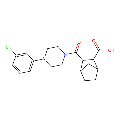 3-{[4-(3-chlorophenyl)piperazin-1-yl]carbonyl}bicyclo[2.2.1]heptane-2-carboxylic acid structure