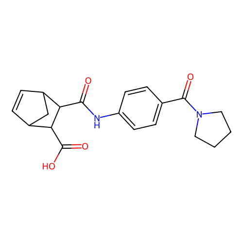 2-[[4-(pyrrolidine-1-carbonyl)phenyl]carbamoyl]bicyclo[2.2.1]hept-5-ene-3-carboxylic acid structure