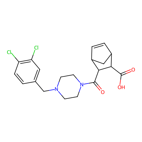 3-{[4-(3,4-dichlorobenzyl)piperazin-1-yl]carbonyl}bicyclo[2.2.1]hept-5-ene-2-carboxylic acid structure