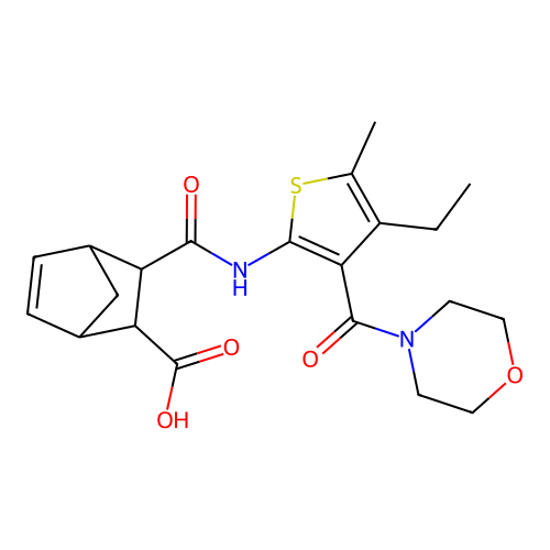 2-[[4-ethyl-5-methyl-3-(morpholine-4-carbonyl)thiophen-2-yl]carbamoyl]bicyclo[2.2.1]hept-5-ene-3-carboxylic acid structure