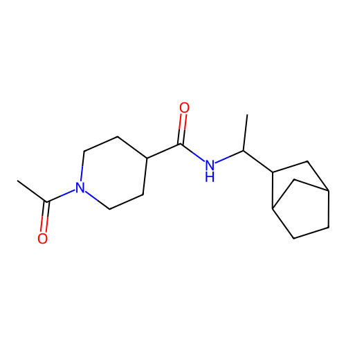 1-acetyl-N-[1-(3-bicyclo[2.2.1]heptanyl)ethyl]piperidine-4-carboxamide structure