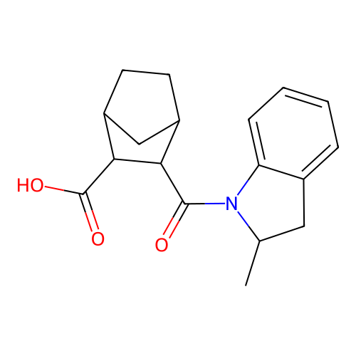 3-[(2-methyl-2,3-dihydro-1H-indol-1-yl)carbonyl]bicyclo[2.2.1]heptane-2-carboxylic acid structure