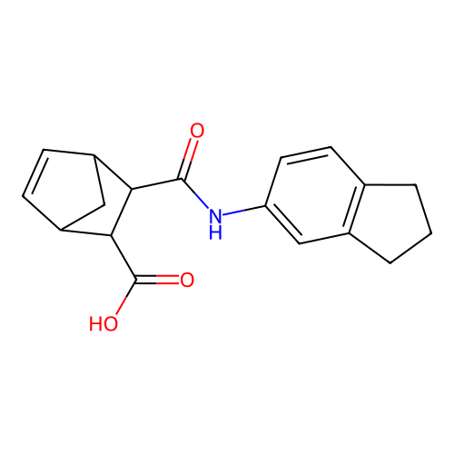 3-(N-indan-5-ylcarbamoyl)bicyclo[2.2.1]hept-5-ene-2-carboxylic acid structure