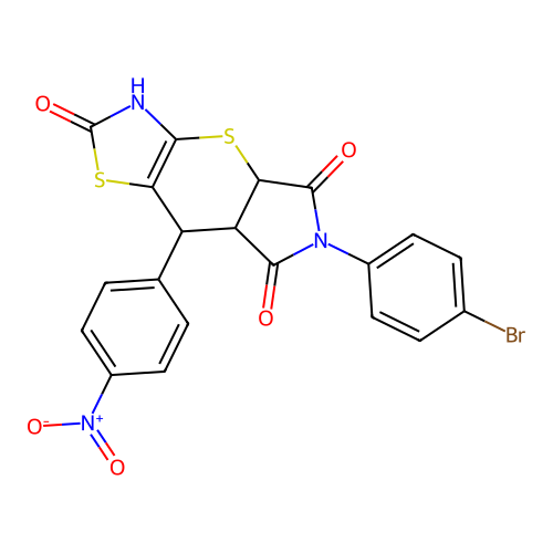 6-(4-bromophenyl)-8-(4-nitrophenyl)-3,4a,7a,8-tetrahydropyrrolo[3',4':5,6]thiopyrano[2,3-d][1,3]thiazole-2,5,7(6H)-trione structure