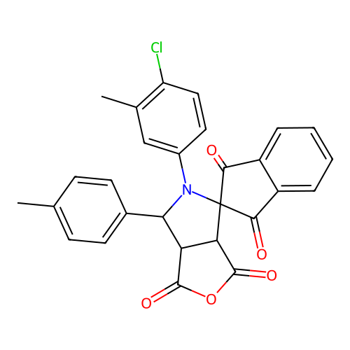 5-(4-chloro-3-methylphenyl)-6-(4-methylphenyl)-3a,5,6,6a-tetrahydrospiro[furo[3,4-c]pyrrole-4,2'-indene]-1,1',3,3'-tetrone structure