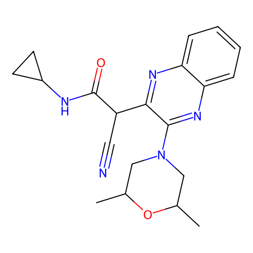 2-cyano-N-cyclopropyl-2-[3-(2,6-dimethylmorpholin-4-yl)quinoxalin-2-yl]acetamide structure