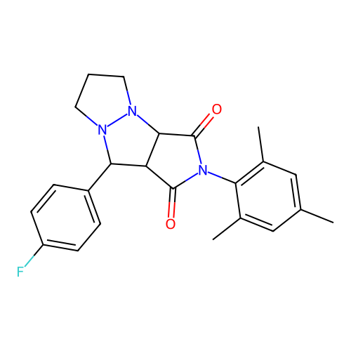 9-(4-fluorophenyl)-2-(2,4,6-trimethylphenyl)tetrahydro-5H-pyrazolo[1,2-a]pyrrolo[3,4-c]pyrazole-1,3(2H,3aH)-dione structure