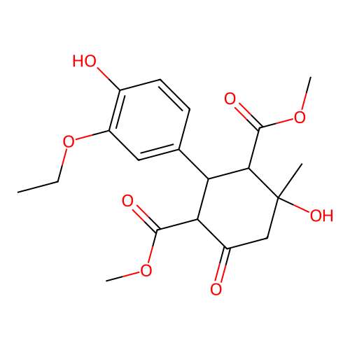 dimethyl 2-(3-ethoxy-4-hydroxyphenyl)-4-hydroxy-4-methyl-6-oxocyclohexane-1,3-dicarboxylate structure