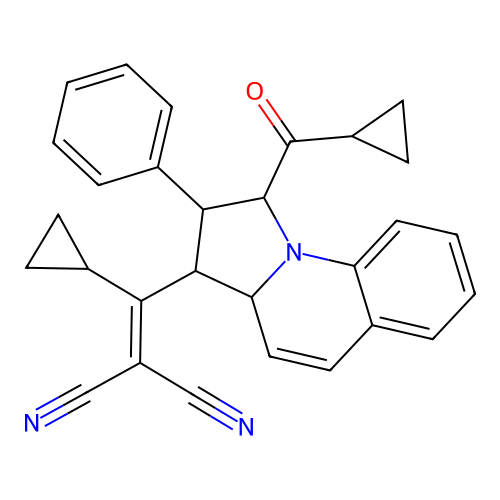 2-((1-(cyclopropanecarbonyl)-2-phenyl-1,2,3,3a-tetrahydropyrrolo[1,2-a]quinolin-3-yl)(cyclopropyl)methylene)malononitrile structure