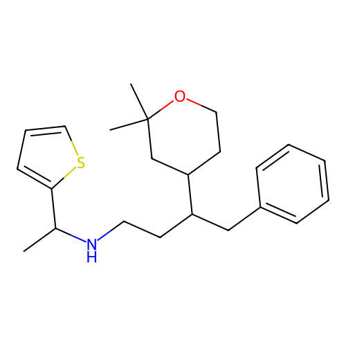 3-(2,2-dimethyloxan-4-yl)-4-phenyl-N-(1-thiophen-2-ylethyl)butan-1-amine structure