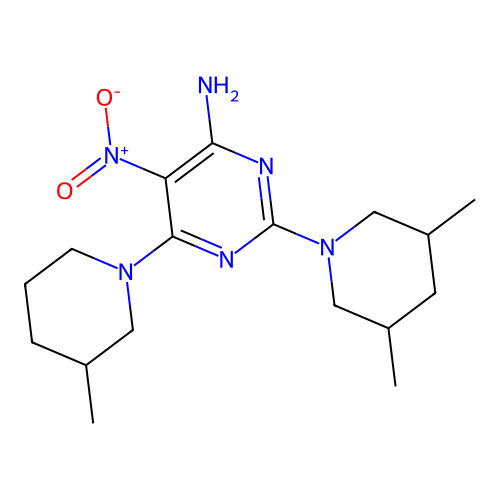 2-(3,5-dimethylpiperidin-1-yl)-6-(3-methylpiperidin-1-yl)-5-nitropyrimidin-4-amine structure