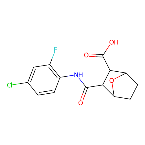 3-[(4-chloro-2-fluorophenyl)carbamoyl]-7-oxabicyclo[2.2.1]heptane-2-carboxylic acid structure