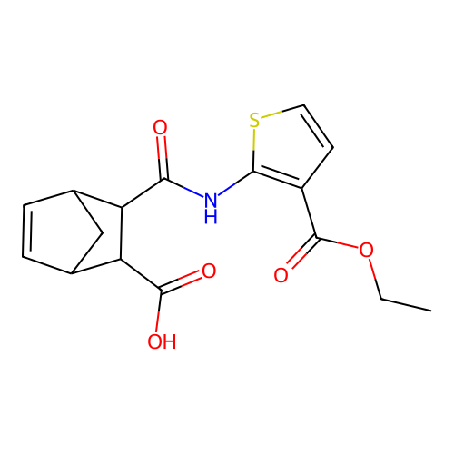 3-{[3-(ethoxycarbonyl)thiophen-2-yl]carbamoyl}bicyclo[2.2.1]hept-5-ene-2-carboxylic acid structure
