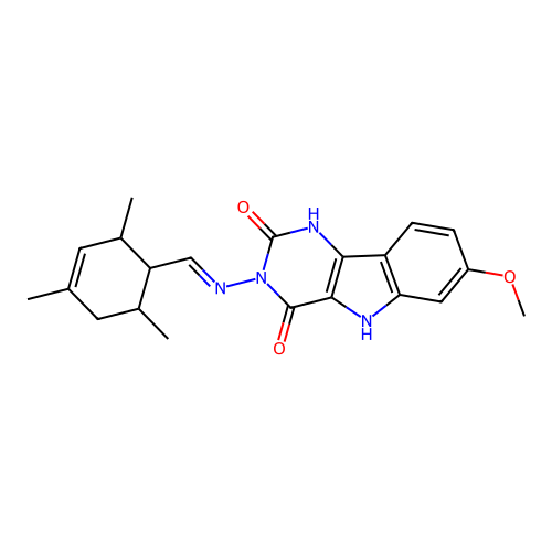 7-methoxy-3-(((2,4,6-trimethylcyclohex-3-en-1-yl)methylene)amino)-1H-pyrimido[5,4-b]indole-2,4(3H,5H)-dione structure