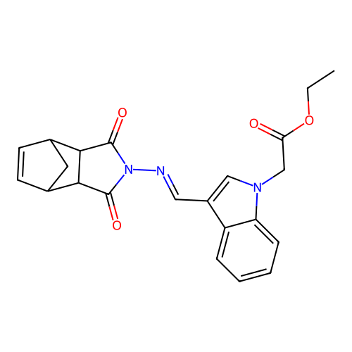 ethyl (3-{[(3,5-dioxo-4-azatricyclo[5.2.1.0~2,6~]dec-8-en-4-yl)imino]methyl}-1H-indol-1-yl)acetate structure