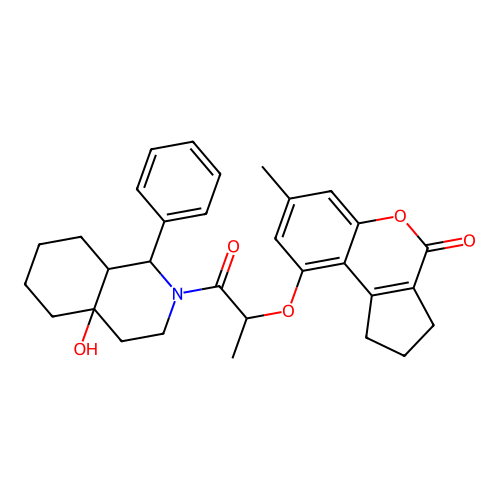 9-[1-(4a-hydroxy-1-phenyl-1,3,4,5,6,7,8,8a-octahydroisoquinolin-2-yl)-1-oxopropan-2-yl]oxy-7-methyl-2,3-dihydro-1H-cyclopenta[c]chromen-4-one structure