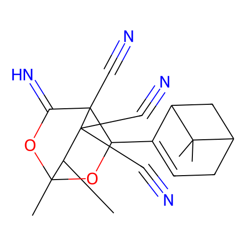 3-((1R,5S)-6,6-dimethylbicyclo[3.1.1]hept-2-en-2-yl)-5-imino-1,7-dimethyl-2,6-dioxabicyclo[2.2.2]octane-4,8,8-tricarbonitrile structure